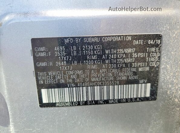 4S4BSAHC0K3355528 2019 SUBARU OUTBACK Silver Widok komory silnika
