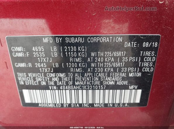 4S4BSAHC1K3210157 2019 SUBARU OUTBACK Бордовый Вид подкапотного пространства