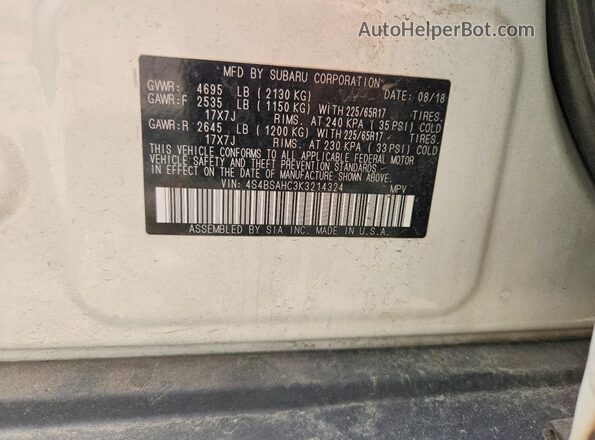 4S4BSAHC3K3214324 2019 SUBARU OUTBACK Белый Вид наклейки с VIN-кодом