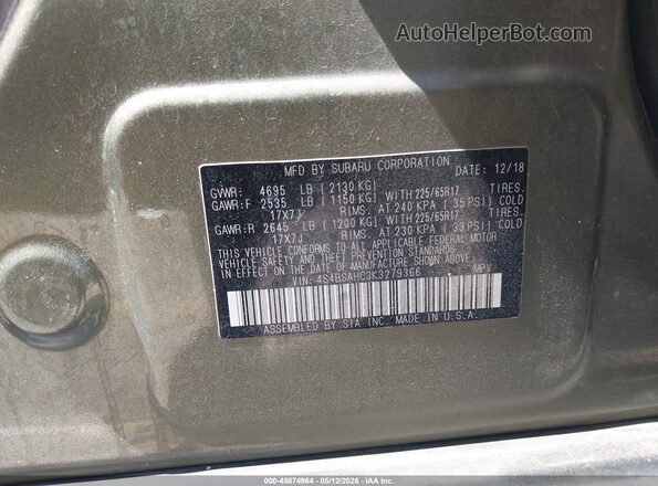 4S4BSAHC3K3279366 2019 SUBARU OUTBACK Зеленый Вид подкапотного пространства
