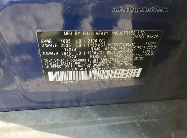 4S4BSAHC5H3215788 2017 SUBARU OUTBACK Синий Вид наклейки с VIN-кодом