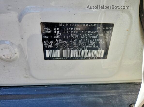 4S4BSAHC5K3304865 2019 SUBARU OUTBACK White Widok naklejki z numerem VIN