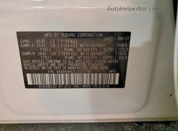 4S4BSAHC6J3217765 2018 SUBARU OUTBACK White Widok naklejki z numerem VIN