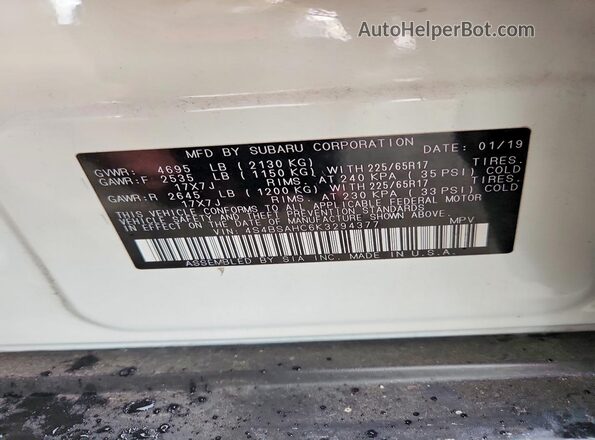 4S4BSAHC6K3294377 2019 SUBARU OUTBACK White Vista de la etiqueta del VIN