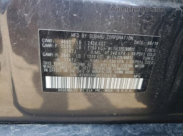 4S4BSAHC8K3380516 2019 SUBARU OUTBACK Charcoal Widok komory silnika