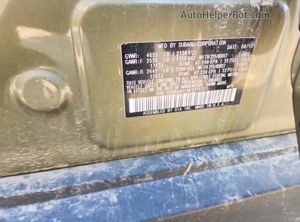 4S4BSAHC9K3215221 2019 SUBARU OUTBACK Зеленый Вид наклейки с VIN-кодом
