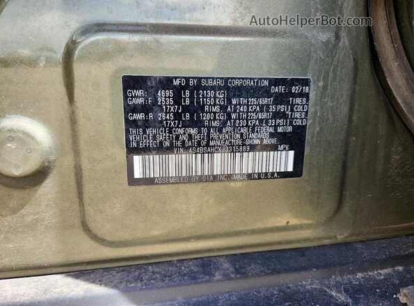 4S4BSAHCXJ3315889 2018 SUBARU OUTBACK Зеленый Вид подкапотного пространства