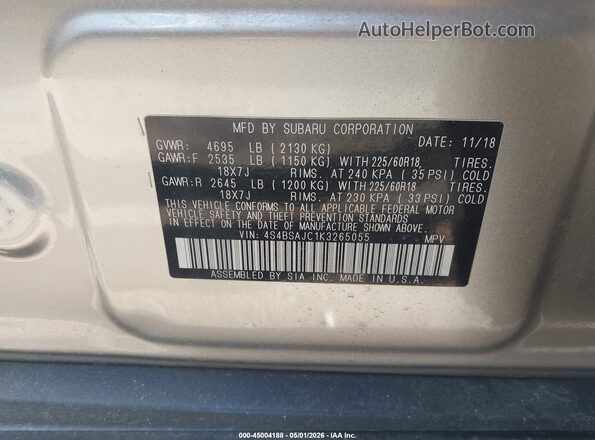 4S4BSAJC1K3265055 2019 SUBARU OUTBACK Золотой Вид подкапотного пространства