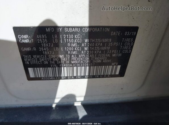 4S4BSAJC3K3326857 2019 SUBARU OUTBACK White Շարժիչի բաժամունքի տեսք