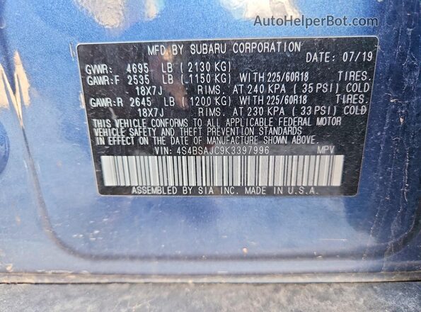4S4BSAJC9K3397996 2019 SUBARU OUTBACK Blue ძრავის განყოფილების ხედი