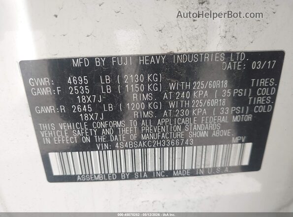 4S4BSAKC2H3366743 2017 SUBARU OUTBACK White Widok komory silnika