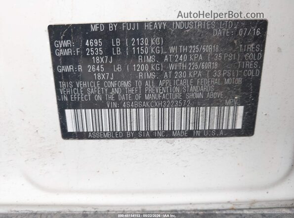 4S4BSAKCXH3223572 2017 SUBARU OUTBACK White Widok komory silnika