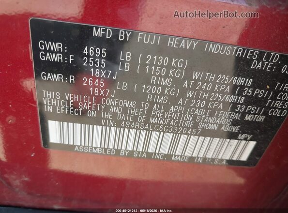 4S4BSALC6G3320457 2016 SUBARU OUTBACK Красный Вид подкапотного пространства