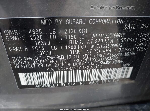 4S4BSANC0J3230337 2018 SUBARU OUTBACK Серый Вид подкапотного пространства