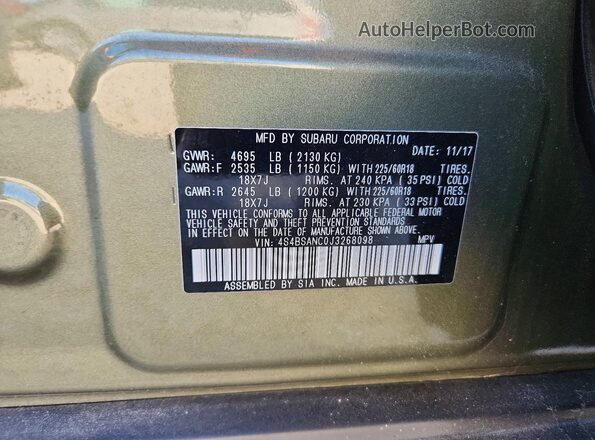 4S4BSANC0J3268098 2018 SUBARU OUTBACK Green Widok naklejki z numerem VIN