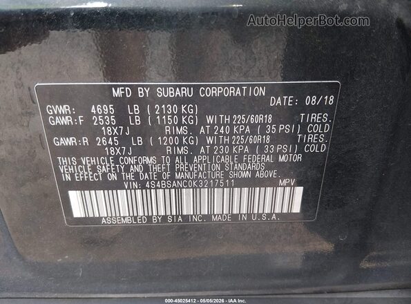4S4BSANC0K3217511 2019 SUBARU OUTBACK Черный Вид подкапотного пространства