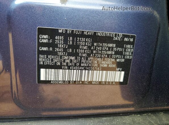 4S4BSANC1H3207563 2017 SUBARU OUTBACK Blue Widok naklejki z numerem VIN