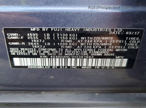 4S4BSANC1H3381603 2017 SUBARU OUTBACK Blue VIN կոդի պիտակի տեսք
