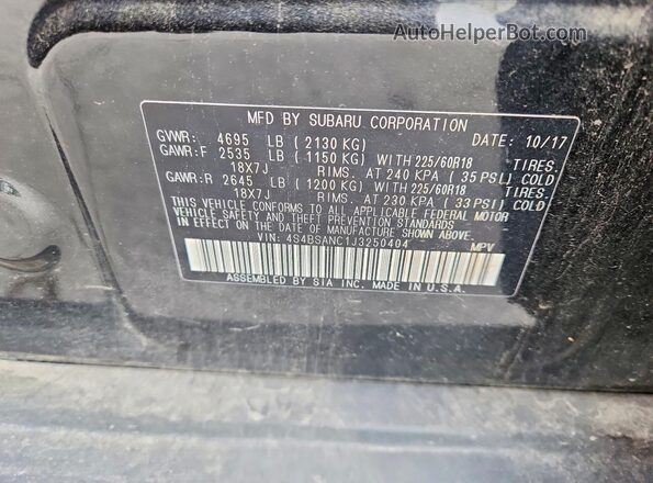 4S4BSANC1J3250404 2018 SUBARU OUTBACK Черный Вид наклейки с VIN-кодом