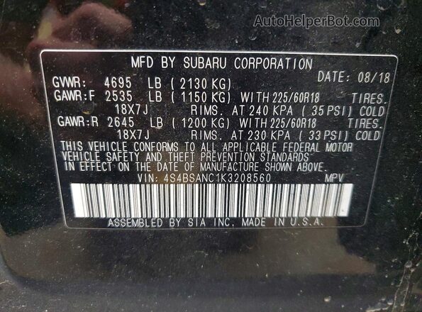 4S4BSANC1K3208560 2019 SUBARU OUTBACK Black Widok naklejki z numerem VIN