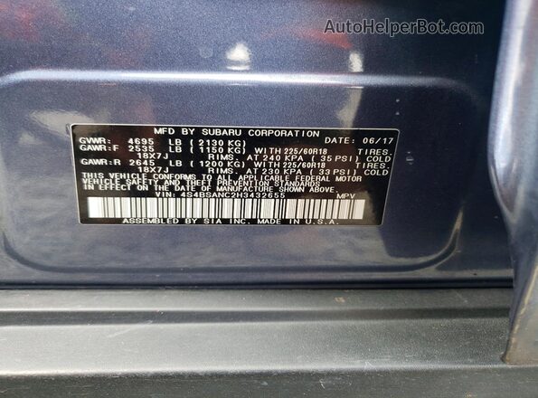 4S4BSANC2H3432655 2017 SUBARU OUTBACK Blue Widok wnętrza 360 stopni