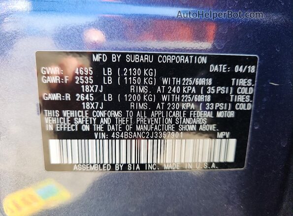 4S4BSANC2J3357901 2018 SUBARU OUTBACK Blue Widok naklejki z numerem VIN
