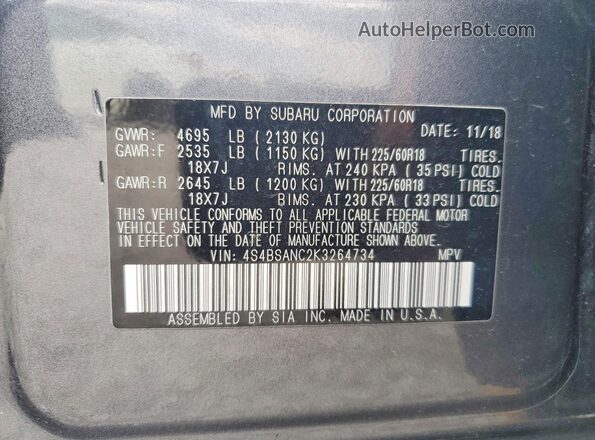 4S4BSANC2K3264734 2019 SUBARU OUTBACK Серый Вид подкапотного пространства