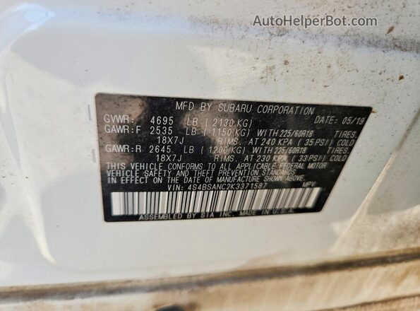 4S4BSANC2K3371587 2019 SUBARU OUTBACK Белый Панорамный вид салона 360°