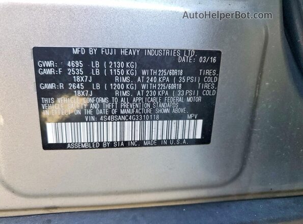 4S4BSANC4G3310118 2016 SUBARU OUTBACK Серебряный Вид подкапотного пространства