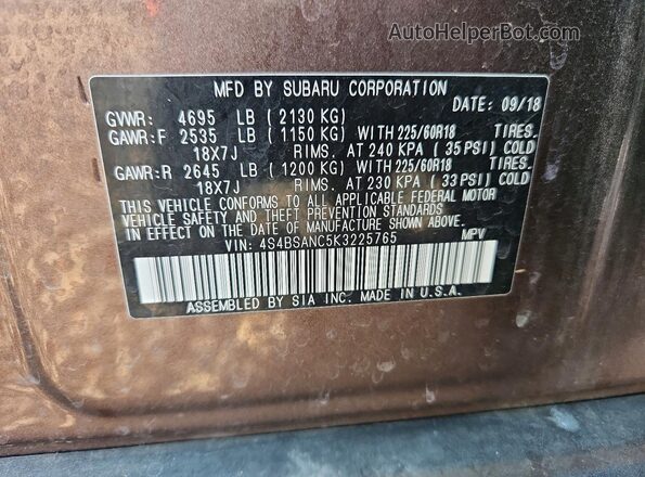 4S4BSANC5K3225765 2019 SUBARU OUTBACK Brown Widok komory silnika
