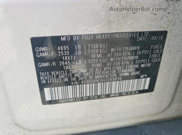 4S4BSANC6H3269816 2017 SUBARU OUTBACK White Widok naklejki z numerem VIN