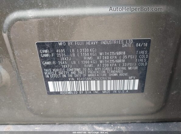 4S4BSANC7G3326636 2016 SUBARU OUTBACK Зеленый Вид подкапотного пространства