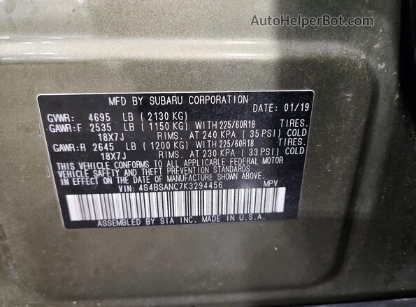 4S4BSANC7K3294456 2019 SUBARU OUTBACK Green Widok naklejki z numerem VIN