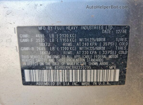 4S4BSANC8H3320295 2017 SUBARU OUTBACK Серебряный Вид наклейки с VIN-кодом
