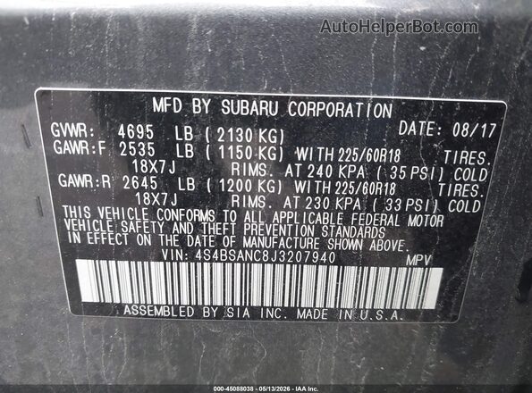 4S4BSANC8J3207940 2018 SUBARU OUTBACK Серый Вид подкапотного пространства