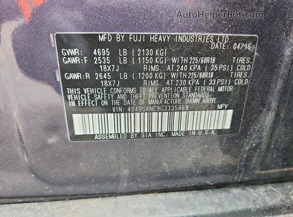 4S4BSANC9G3335869 2016 SUBARU OUTBACK Серый Вид подкапотного пространства