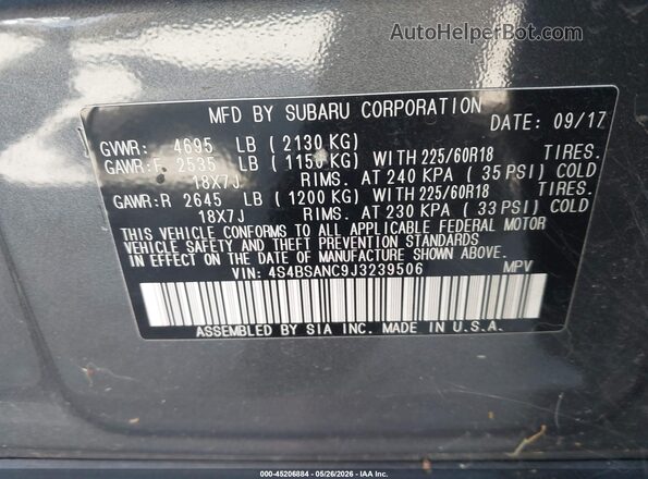 4S4BSANC9J3239506 2018 SUBARU OUTBACK Серый Вид подкапотного пространства