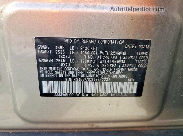 4S4BSANC9J3342232 2018 SUBARU OUTBACK Серебряный Вид наклейки с VIN-кодом