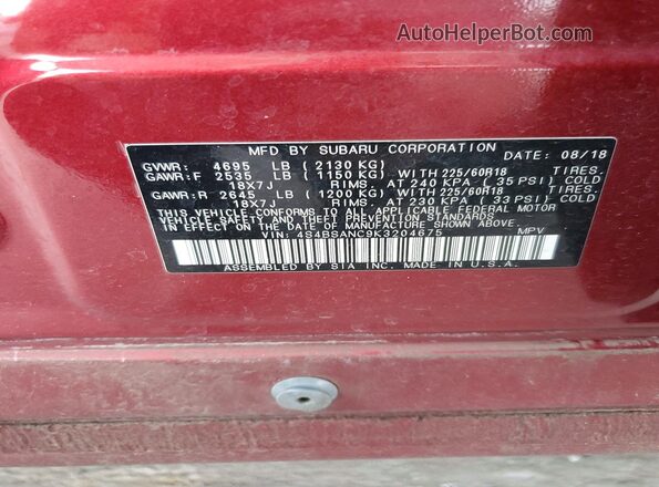 4S4BSANC9K3204675 2019 SUBARU OUTBACK Red Widok komory silnika