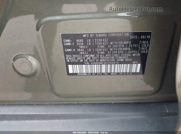 4S4BSANCXK3358473 2019 SUBARU OUTBACK Зеленый Вид подкапотного пространства
