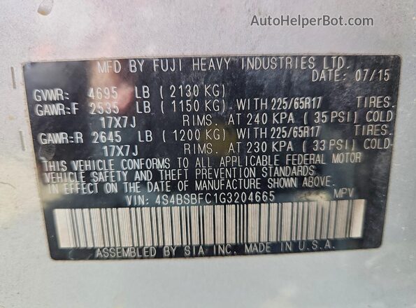4S4BSBFC1G3204665 2016 SUBARU OUTBACK Серебряный Панорамный вид салона 360°