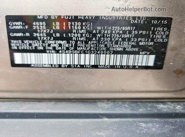 4S4BSBFC1G3240002 2016 SUBARU OUTBACK Tan Widok naklejki z numerem VIN
