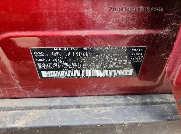 4S4BSBFC4G3322838 2016 SUBARU OUTBACK Бордовый Вид наклейки с VIN-кодом