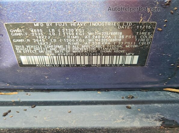 4S4BSBJC2G3254823 2016 SUBARU OUTBACK Синий Вид наклейки с VIN-кодом