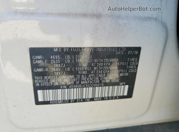 4S4BSBJC5G3290019 2016 SUBARU OUTBACK Белый Вид наклейки с VIN-кодом