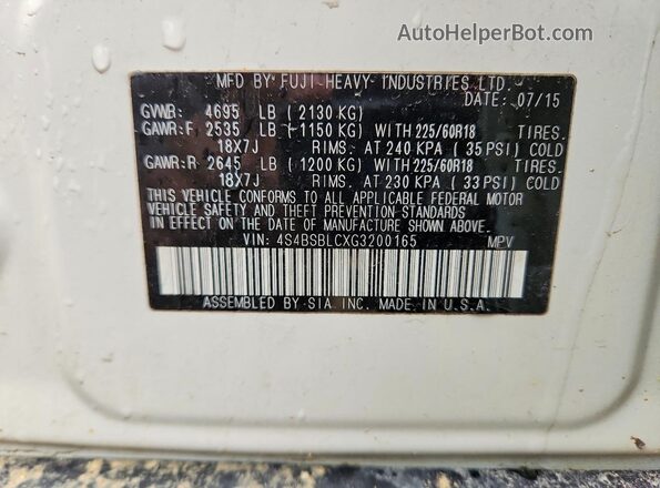 4S4BSBLCXG3200165 2016 SUBARU OUTBACK Белый Вид подкапотного пространства