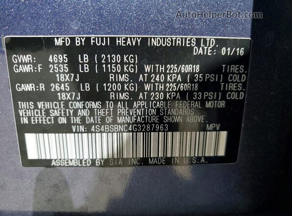 4S4BSBNC4G3287963 2016 SUBARU OUTBACK Синий Панорамный вид салона 360°