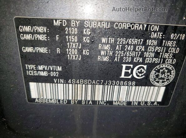 4S4BSDAC7J3308698 2018 SUBARU OUTBACK Gray Widok naklejki z numerem VIN