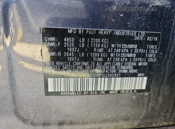 4S4BSENC1G3305921 2016 SUBARU OUTBACK Gray Vista de la etiqueta del VIN