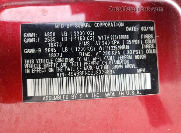 4S4BSENC2J3329894 2018 SUBARU OUTBACK Red VIN կոդի պիտակի տեսք